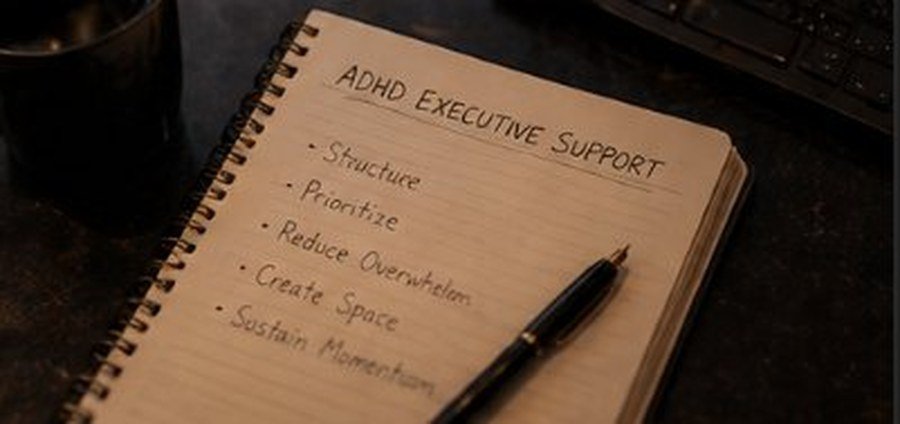 Notebook showing an executive support plan with priorities, meeting context, follow-up, and next actions.
