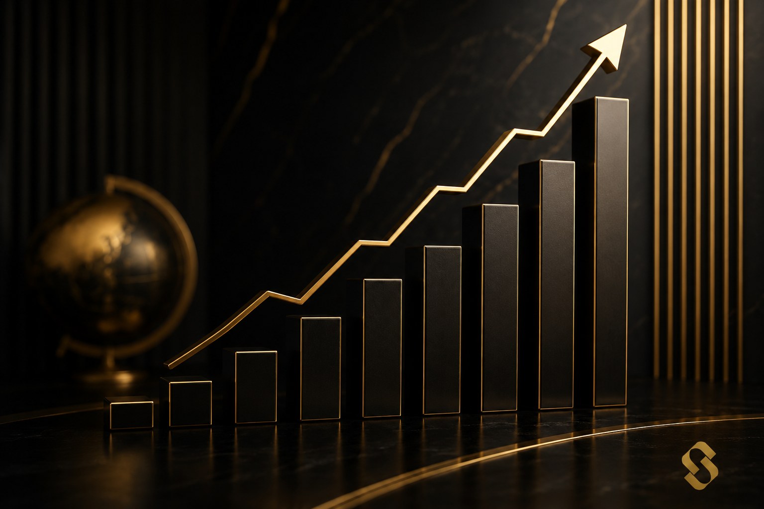 Luxury gold growth chart representing executive support investment and business growth
