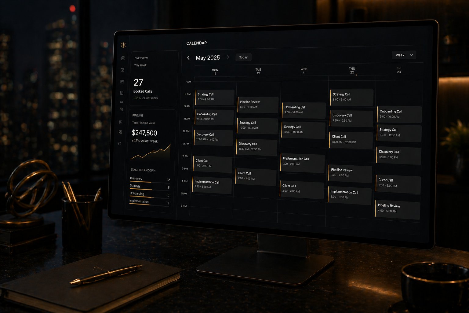 Appointment Setter EA results — booked calls calendar and pipeline value dashboard