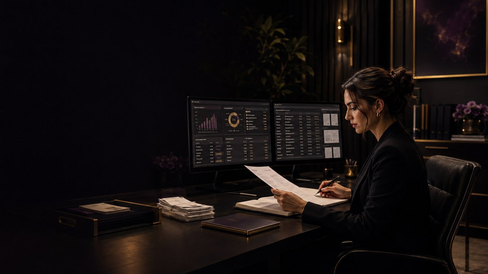 Bookkeeping EA reviewing financial records, transactions, receipts, and monthly reconciliation reports at an executive workstation.
