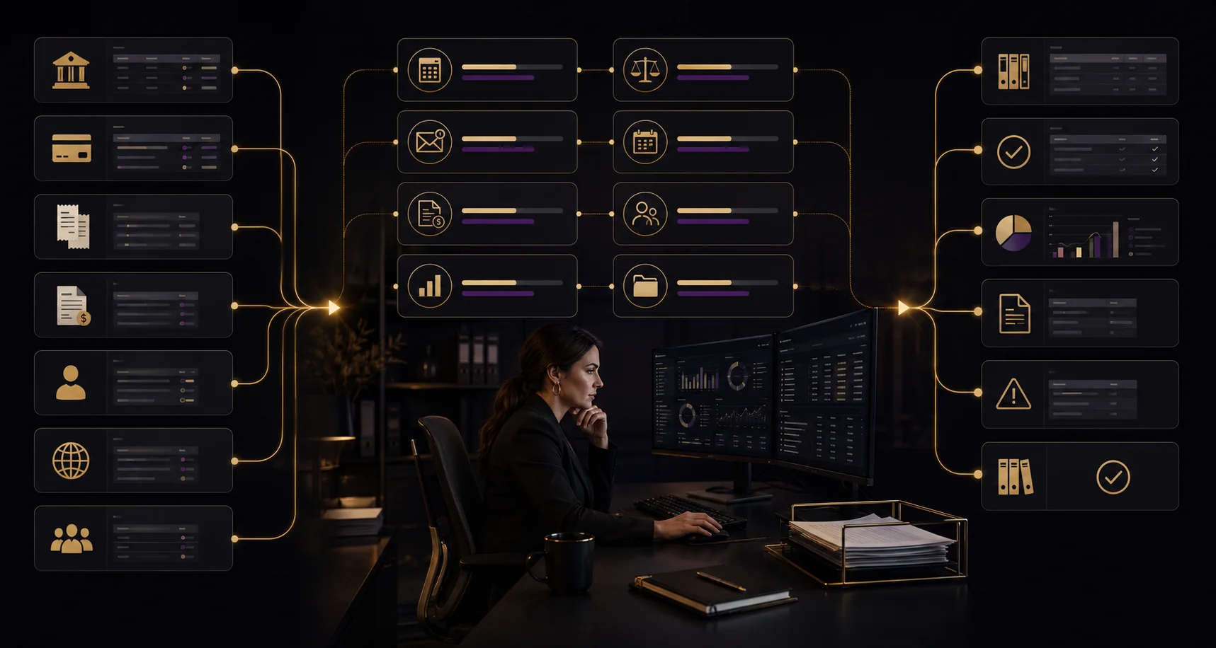 Bookkeeping workflow showing bank accounts, credit cards, receipts, invoices, payroll and international records moving through categorization, reconciliation, monthly close, reporting, exception tracking and accountant-ready records.