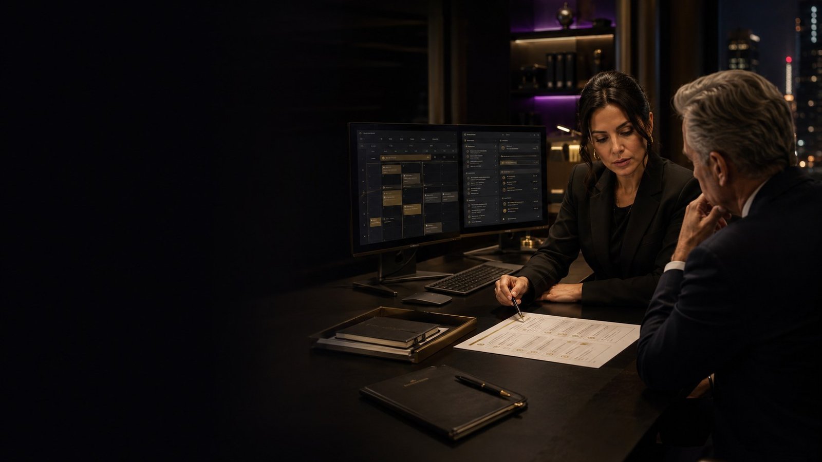 C-Suite Executive Assistant preparing a leadership brief, calendar, and decisions with a senior executive.