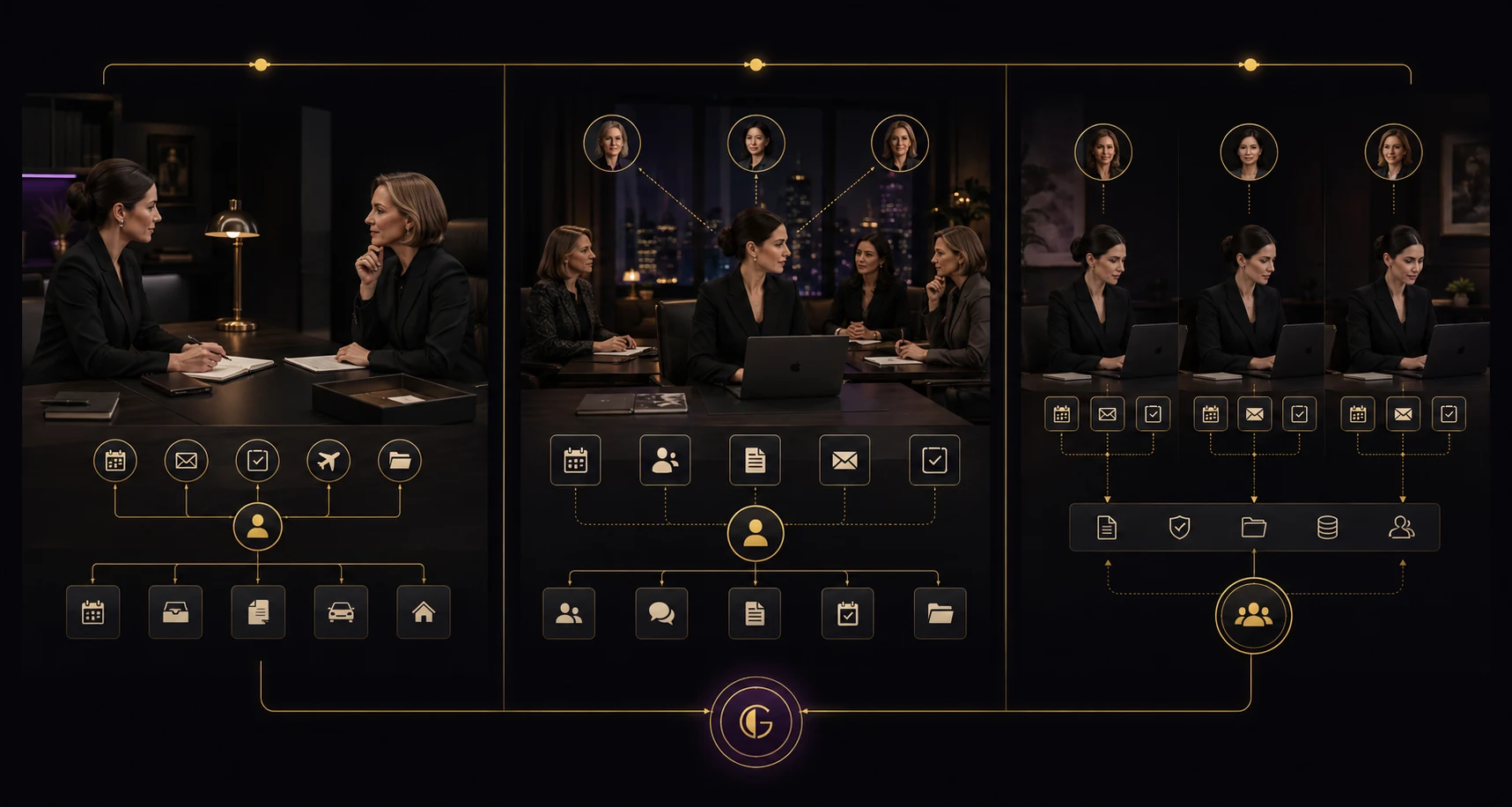 Three executive support models showing one dedicated EA, one senior EA supporting several executives, and dedicated EAs coordinated across a leadership team.