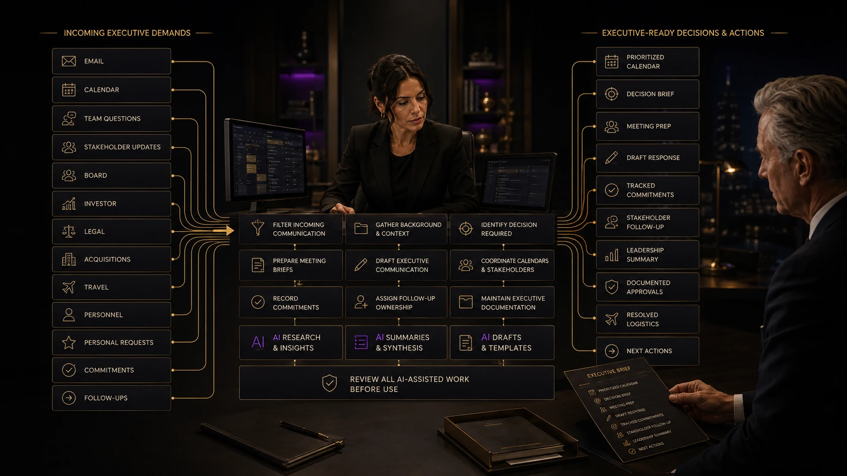 Executive Assistant workflow showing incoming work, preparation, and executive-ready outputs.