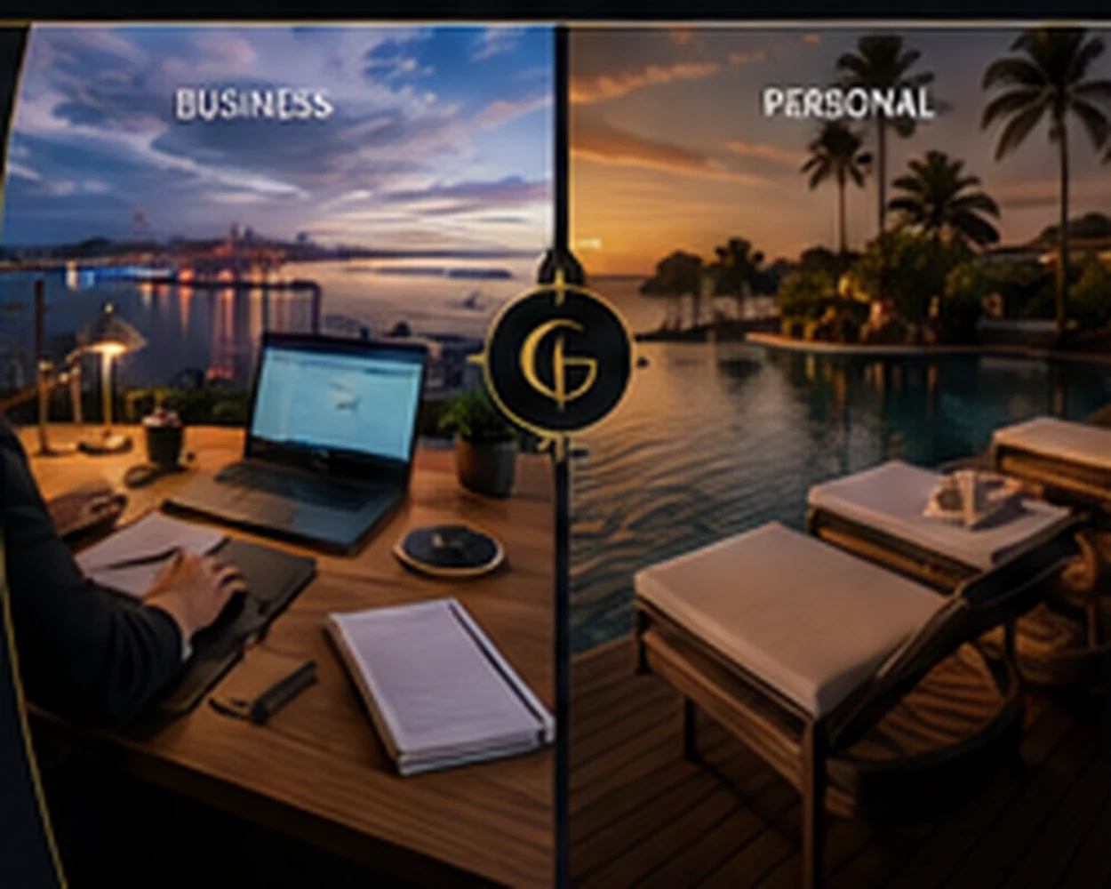 Split visual showing business responsibilities and personal travel or family logistics coordinated around one founder.