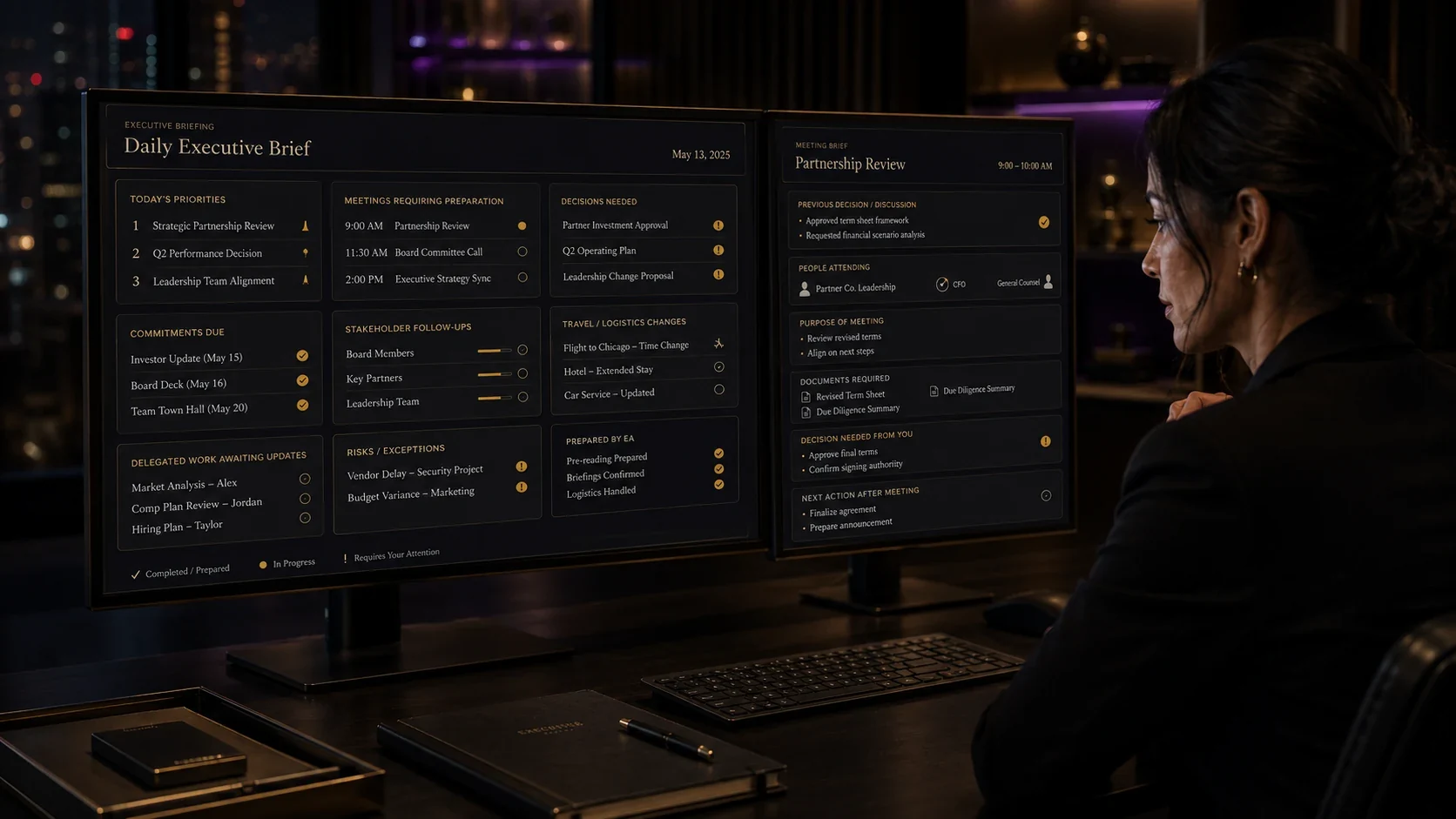 Prepared daily executive brief showing priorities, meetings, decisions, commitments, and exceptions before the founder begins the day.